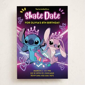 Angel & Stitch Roller Skating Birthday Invitation – Editable Digital Download, Personalized Skate Party Invite