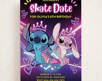 Angel & Stitch Roller Skating Birthday Invitation – Editable Digital Download, Personalized Skate Party Invite