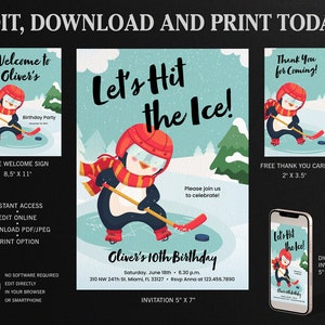 Hockey Birthday Invitation Template, Sports Themed Birthday, Ice Hockey Welcome Sign and Thank You card