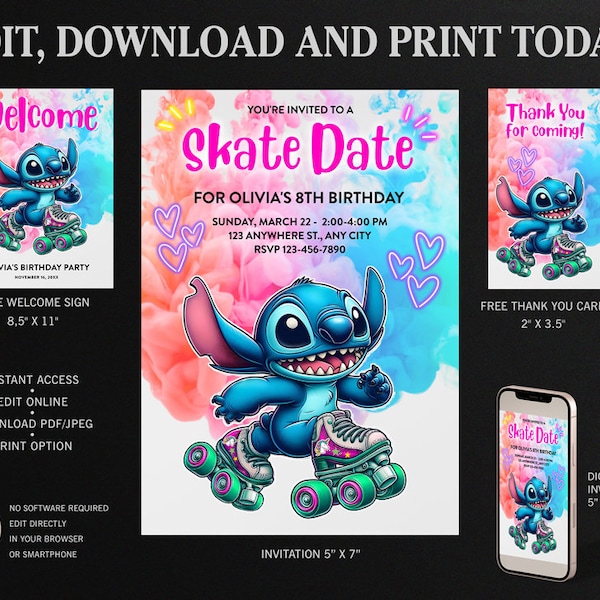 Stitch Roller Skating Birthday Invitation, Stitch Thank You Card, Stitch Welcome Sign