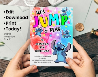 Stitch Let's Jump Birthday Invitation – Editable Trampoline Party, Digital Download