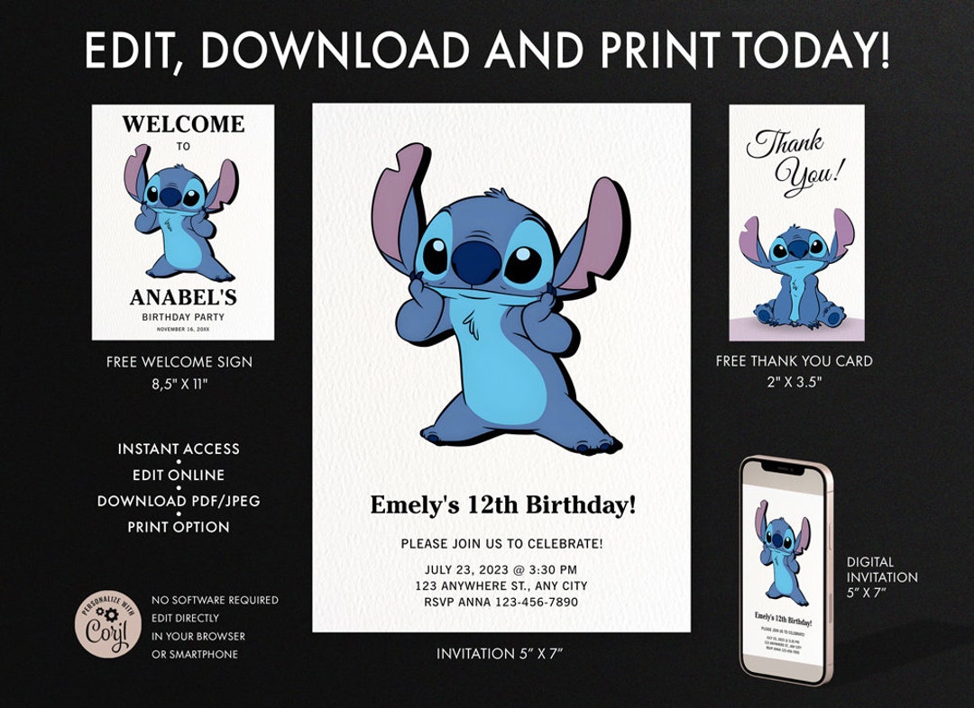 Stitch Birthday Party Invitation, Stitch Thank You Card, Stitch Welcome  Sign 