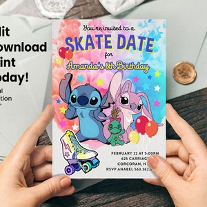 Convite de aniversário de patinação Angel, Stitch e Scrump, cartão de agradecimento Stitch, placa de boas-vindas Stitch