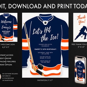 Hockey Birthday Invitation, Ice Hockey Party, Hockey Party, Personalized Invitation Template, Hockey Thank You card, Hockey Welcome Sign