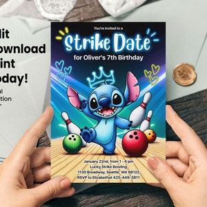 Stitch Bowling verjaardagsuitnodiging, bewerkbare feestsjabloon, blauw Alien-thema, direct downloaden