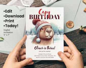 Capybara Birthday Invitation – Winter Animal Party, Editable (Digital Download)