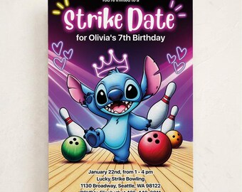 Stitch Bowling Birthday Invite, Editable Party Invitation, Kids Bowling Theme