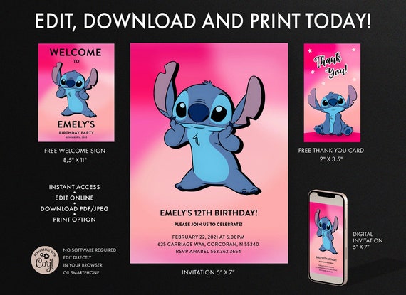 Editable Stitch Invitation Lilo Stitch Birthday Cute Invite Stitch Party  Invite 