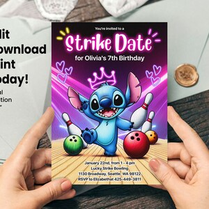Stitch Bowling Birthday Invitation, Bowling Birthday Invitation, Strike Invitation, Stitch Bowling Thank You card, Stitch Welcome Sign image 2
