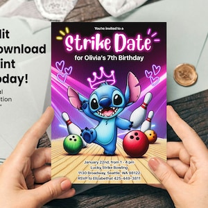 Stitch Bowling Birthday Invitation, Bowling Birthday Invitation, Strike Invitation, Stitch Bowling Thank You card, Stitch Welcome Sign image 2