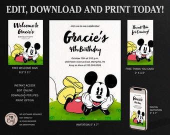 Mickey Mouse Birthday Invitation, Mickey Mouse Thank You card, and Welcome Sign
