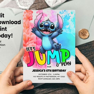Invitation d'anniversaire Stitch Jump and Play, parc de trampolines modifiable, téléchargement immédiat