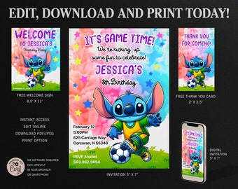 Stitch Soccer Birthday Invitation, Soccer Party Invitation, Stitch koala Birthday, Thank You Card, Welcome Sign