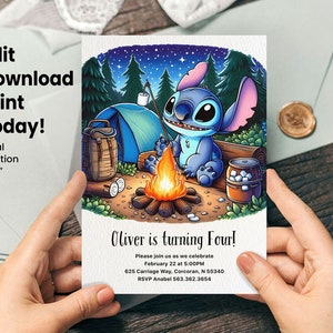 Stitch Camping verjaardagsuitnodiging, uitnodiging Lake Party, bewerkbare digitale download, kinderfeestje
