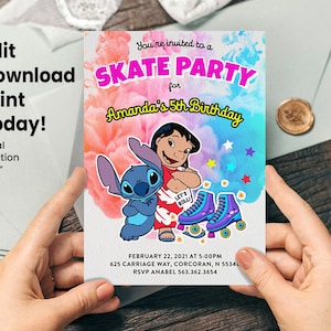 Convite de aniversário de patinação com ponto cruz, modelo editável Corjl, festa de patinação retrô