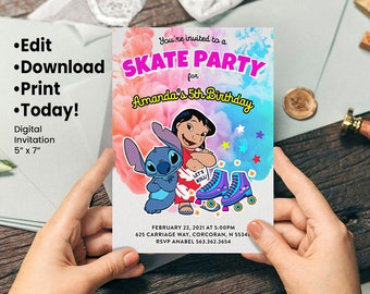 Stitch Roller Skating Birthday Invitation, Editable Corjl Template, Retro Skate Party