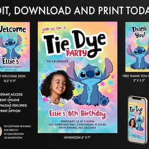 Invitation d'anniversaire Stitch Tie Dye, carte de remerciement Stitch Tie Dye, signe de bienvenue Stitch Tie Dye