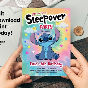 Sleepover Stitch Birthday Invitations, Slumber Party Invitation, Stitch Thank You card, Stitch Welcome Sign