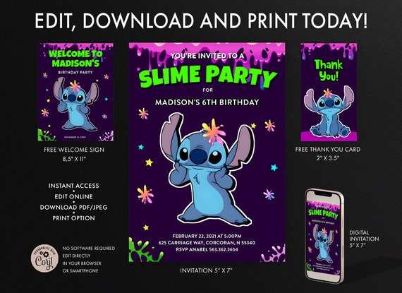 Stitch Slime Birthday Invitation, Stitch Slime Thank You Card, Stitch Slime  Welcome Sign 