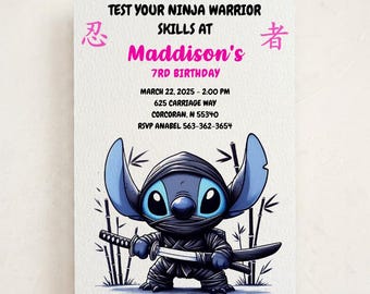 Puede incluir: Una tarjeta de invitación de cumpleaños rectangular con un personaje alienígena azul vestido de ninja sosteniendo una katana. El texto dice: TEST YOUR NINJA WARRIOR SKILLS AT Maddison's 7RD BIRTHDAY MARCH 22, 2025 - 2:00 PM 625 CARRIAGE WAY CORCORAN, N 55340 RSVP ANABEL 563-362-3654.