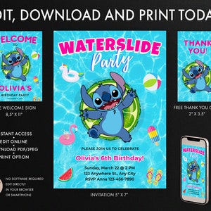 May include: A digital party invitation set featuring a blue water background with a cartoon character on a lime green floatie. Includes a welcome sign, thank you card, and invitation template with text reading Waterslide Party and Olivia's 6th Birthday.