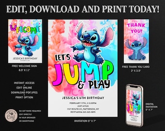 Stitch Let&#39;s Jump Birthday Invitation, Stitch Thank You Card, Stitch Welcome Sign
