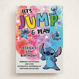 May include: A rectangular birthday invitation card featuring the blue character Stitch, colourful smoke-like clouds, and scattered stars. The text reads: LET'S JUMP & PLAY TO JESSICA'S 6TH BIRTHDAY, FEBRUARY 11TH, 2-5:00PM, JUST 4 FUN, 1157 ROUTE 311, PATTERSON, NY, RSVP ANNA 365-365-5895.