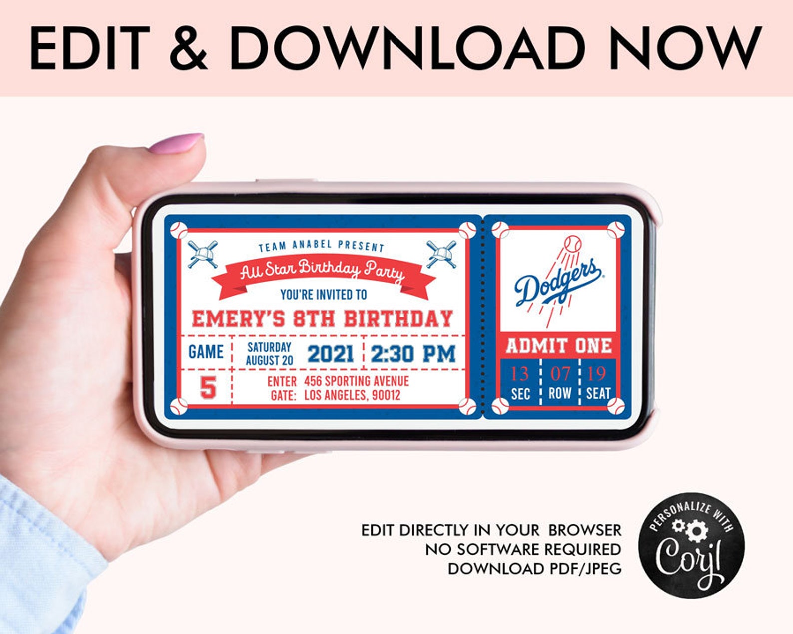 Los Angeles Dodgers Birthday Invitation Digital Ticket | Etsy