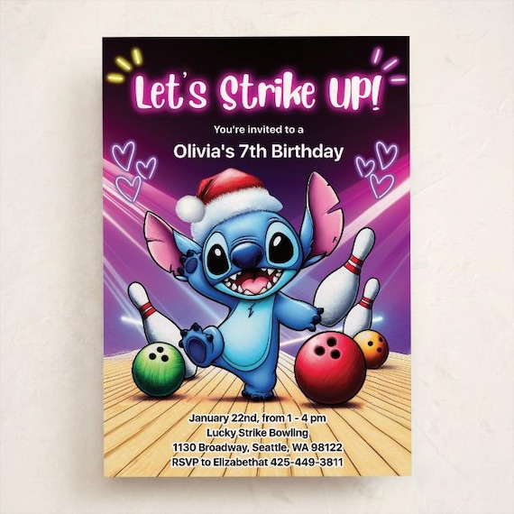 Stitch Bowling Christmas Birthday Invitation, Stitch Santa