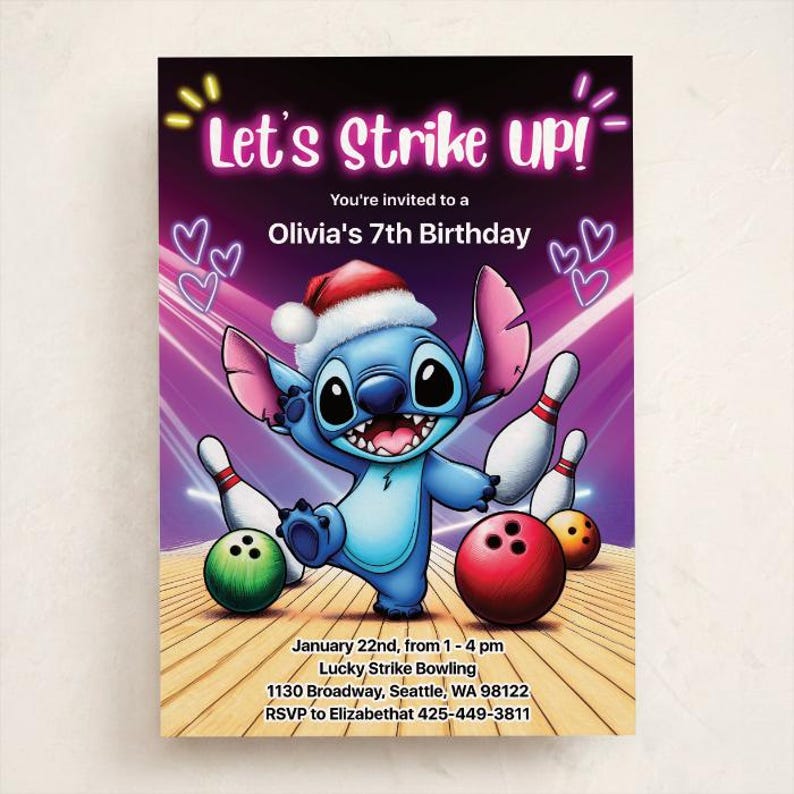 May include: A birthday invitation card featuring Stitch wearing a Santa hat on a bowling alley floor. Text reads: Let's Strike Up! You're invited to a Olivia's 7th Birthday, January 22nd, from 1 - 4 pm, Lucky Strike Bowling, 1130 Broadway, Seattle, WA 98122, RSVP to Elizabethat 425-449-3811.