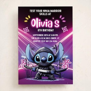 May include: A rectangular birthday invitation card featuring a blue alien character dressed as a ninja holding a katana. The background has neon pink and purple light streaks, bamboo stalks, and text reading: TEST YOUR NINJA WARRIOR SKILLS AT Olivia's 8TH BIRTHDAY SEPTEMBER 18TH AT 3:00 PM THE ELMS 412 W 200 S OREM, UT RSVP BY TEXT 801 224 9284.