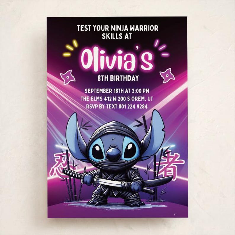 May include: A rectangular birthday invitation card featuring a blue alien character dressed as a ninja holding a katana. The background has neon pink and purple light streaks, bamboo stalks, and text reading: TEST YOUR NINJA WARRIOR SKILLS AT Olivia's 8TH BIRTHDAY SEPTEMBER 18TH AT 3:00 PM THE ELMS 412 W 200 S OREM, UT RSVP BY TEXT 801 224 9284.