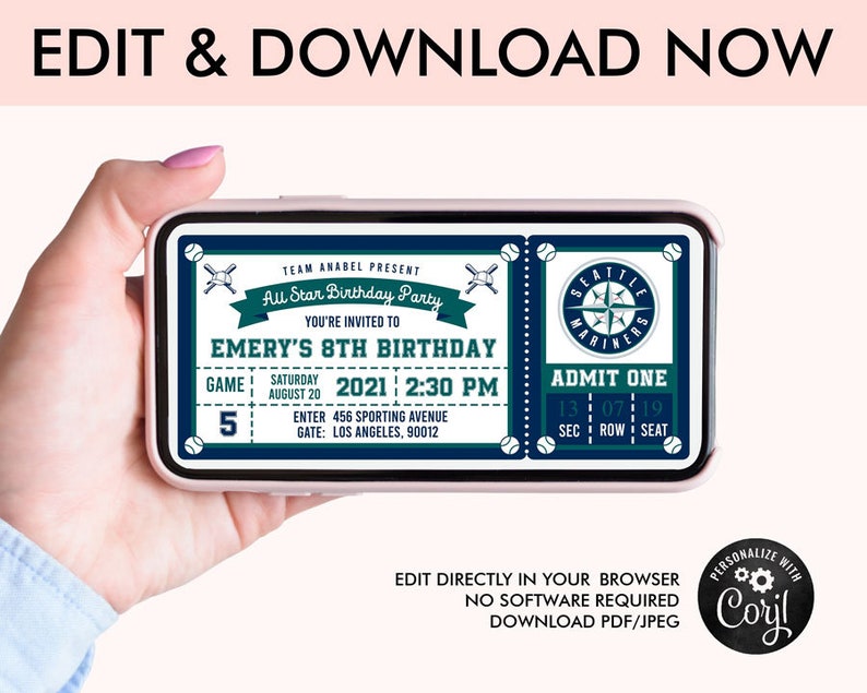 Seattle Mariners Baseball Ticket Invitation. Children's Etsy