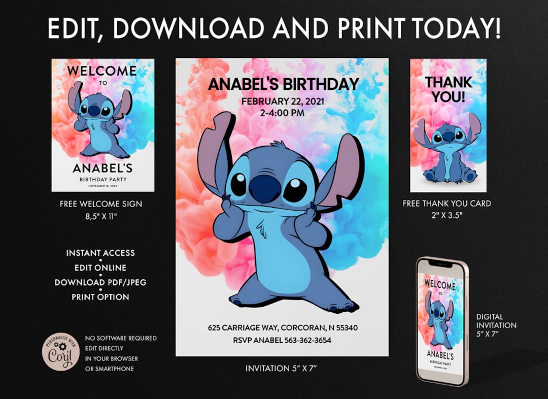 Stitch Party Birthday Invitation Template Stitch Birthday Invite Edit and  Print Today 