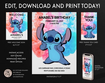 Stitch Birthday Invitation,Stitch party invite, blue koala invitation, Kids Stitch theme, Stitch Thank you card, Stitch Welcome Sign