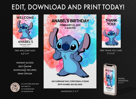 Stitch Birthday Invitation,stitch Party Invite, Blue Koala