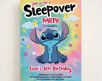 May include: A rectangular sleepover party invitation featuring a blue alien character, Stitch, centered on a pastel tie-dye background. The text reads: join us for a Sleepover PARTY TO CELEBRATE Ellie's 6th Birthday FEBRUARY 22 AT 5:00PM 625 CARRIAGE WAY, CORCORAN, N 55340 RSVP ANABEL 563.362.3654.