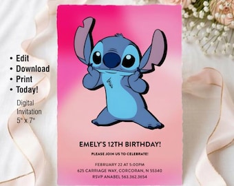 Pink Stitch Birthday Invitation Template: Editable Party Set (Digital Download)