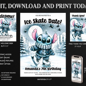 Faire-part d'anniversaire de patinage sur glace Stitch, modèle d'Invitation de fête de patinage sur glace, carte de remerciement de patinage sur glace Stitch, plaque de bienvenue Stitch
