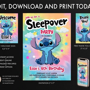 Invitaciones de cumpleaños de Sleepover Stitch, invitación a la fiesta de pijamas, tarjeta de agradecimiento de Stitch, signo de bienvenida de Stitch