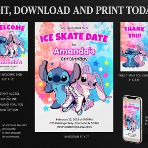 Stich und Engel Eislaufen Geburtstagseinladung, Schlittschuh Party Einladung Vorlage, Stitch Eislaufen Dankeschön Karte, Willkommensschild