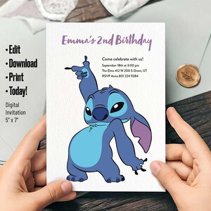 Faire-part d'anniversaire Stitch – Modèle de fête Lilo & Stitch modifiable pour les enfants