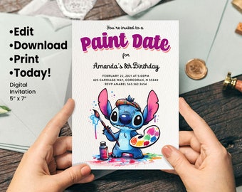 Stitch Paint Party Birthday Invitation, Editable Art Theme Invite, Instant Download, Kids Painting Party