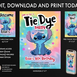 Invitation d'anniversaire Stitch Tie Dye, carte de remerciement Stitch Tie Dye, signe de bienvenue Stitch Tie Dye
