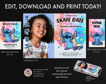 Stitch  Roller Skating Birthday Invitation, Stitch Roller Skating Thank You card, Stitch Roller Skating Welcome Sign