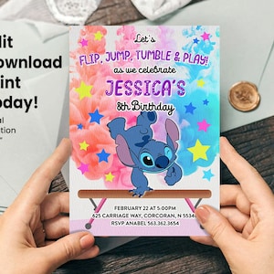 Invito di compleanno di ginnastica Stitch - Download digitale modificabile, invito personalizzato per festa di ginnastica