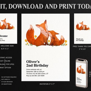 Fox Birthday Party invitation, Fox Welcome Sign and Thank You Card