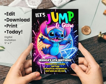 Stitch Let's Jump and Glow Birthday Invitation, Stitch Thank You Card, Stitch Welcome Sign