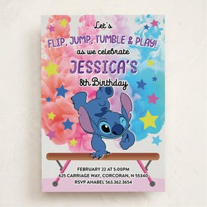 May include: A rectangular birthday invitation card featuring a blue alien character performing a handstand on a balance beam. The background has pink and blue smoke effects with colourful stars. Text reads: Let's FLIP, JUMP, TUMBLE & PLAY! as we celebrate JESSICA'S 8th Birthday, FEBRUARY 22 AT 5:00PM, 625 CARRIAGE WAY, CORCORAN, N 55340, RSVP ANABEL 563.362.3654.