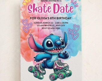 Invitación de cumpleaños de Stitch sobre patines – Descarga digital editable, acceso instantáneo, personalizada